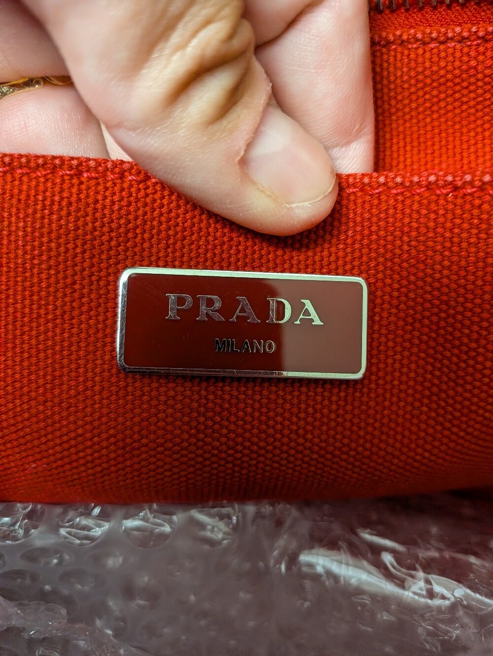 Prada Canapa Red Studded Rhinestone Small Satchel - Picture 9 of 13